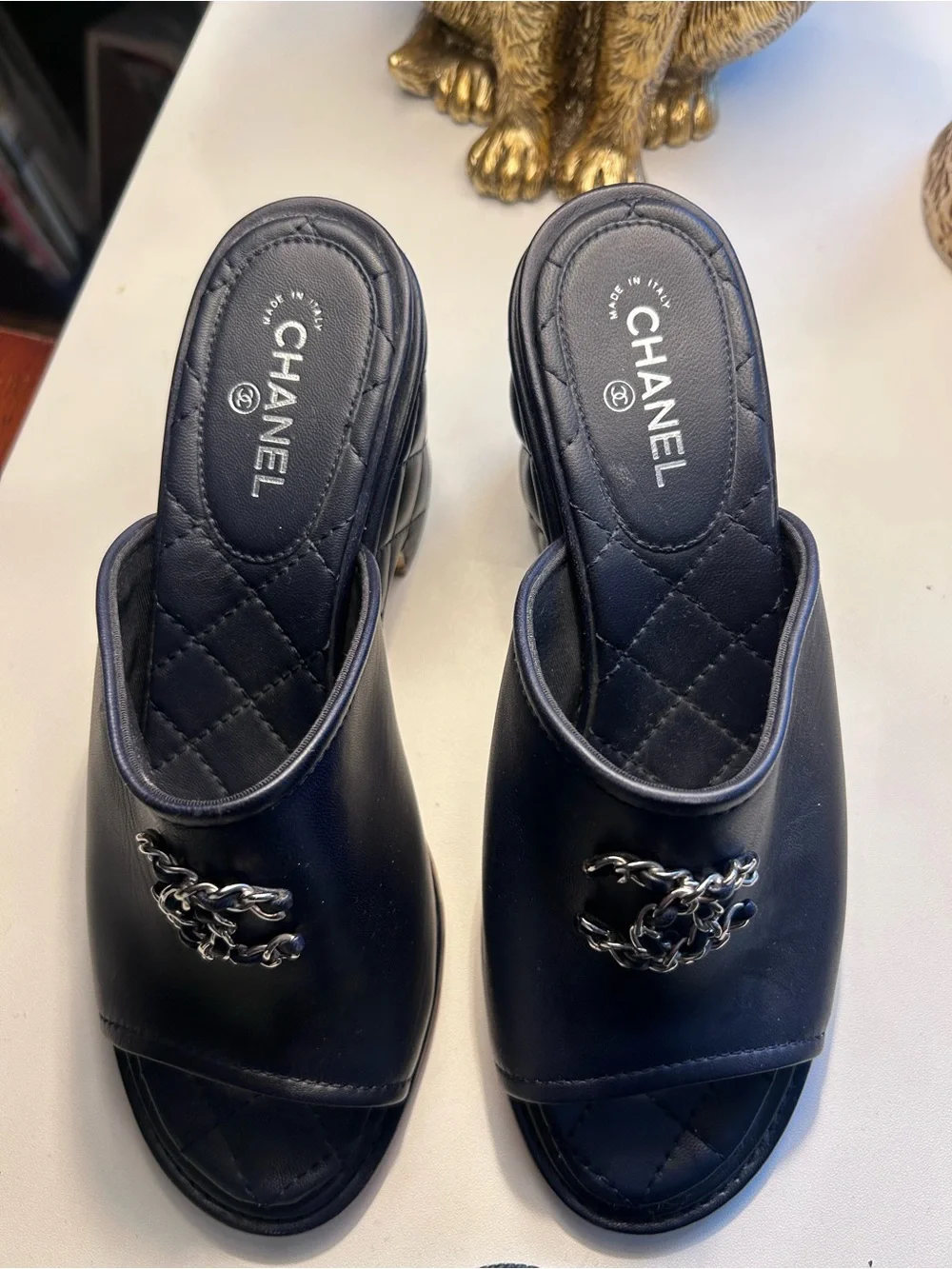 CHANEL Black Quilted Leather Open-Toe Mule with Silver CC
